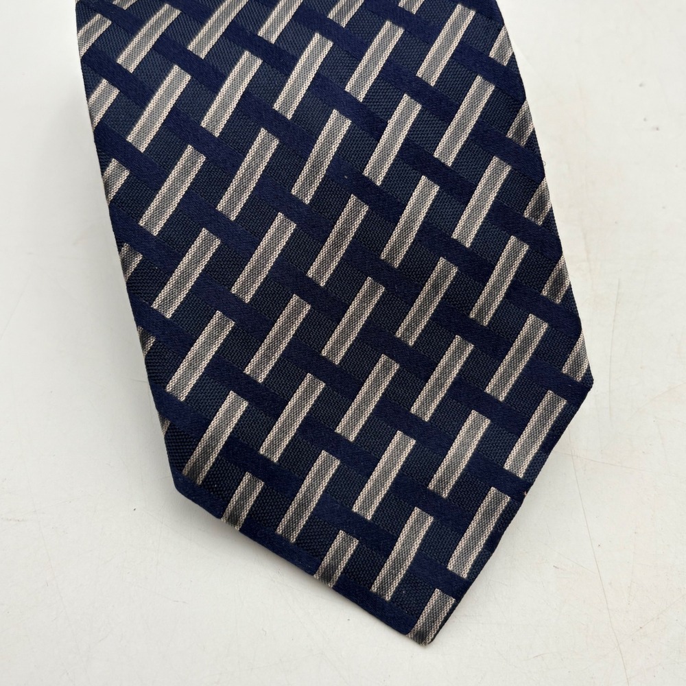 Calvin Klein Collection Mens Silk Tie Navy Silver Geometric Basketweave Italy